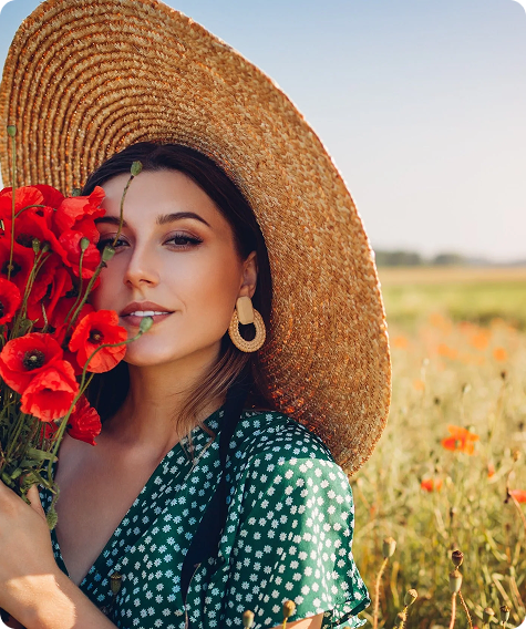 Woman in sun hat holding red poppies